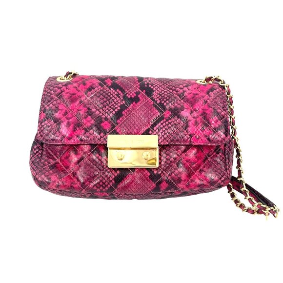 Michael Kors Sloan Pink Snake Print Crossbody Bag With Gold Chain Strap & Logo L - Picture 3 of 10
